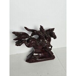 Red Resin Carved Guan Gong Yu Fighting Warrior Sword On Horse 8"x8.5”